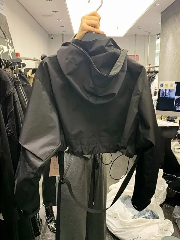 Fashion Short Hooded Jacket Y2k Spring Black Loose Motorcycle Coats Female Street Windbreak Basic Coat 250906