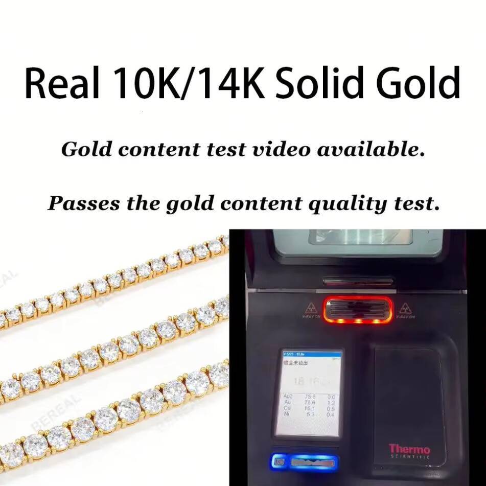 Wholesale Price 10K 14K Solid Gold Vvs Moissanite Tennis Chain Bracelet Round Brilliant 3mm 4mm 5mm Iced Out Diamond Necklace