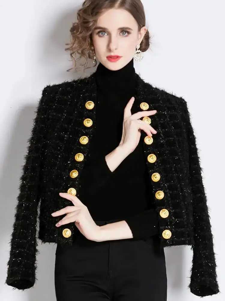 Women Black Tweed Short Cardigan Slim Outwear Jacket Top Autumn Winter New Metal Double Breasted Tassel Bright Silk Wool Coat Z250918