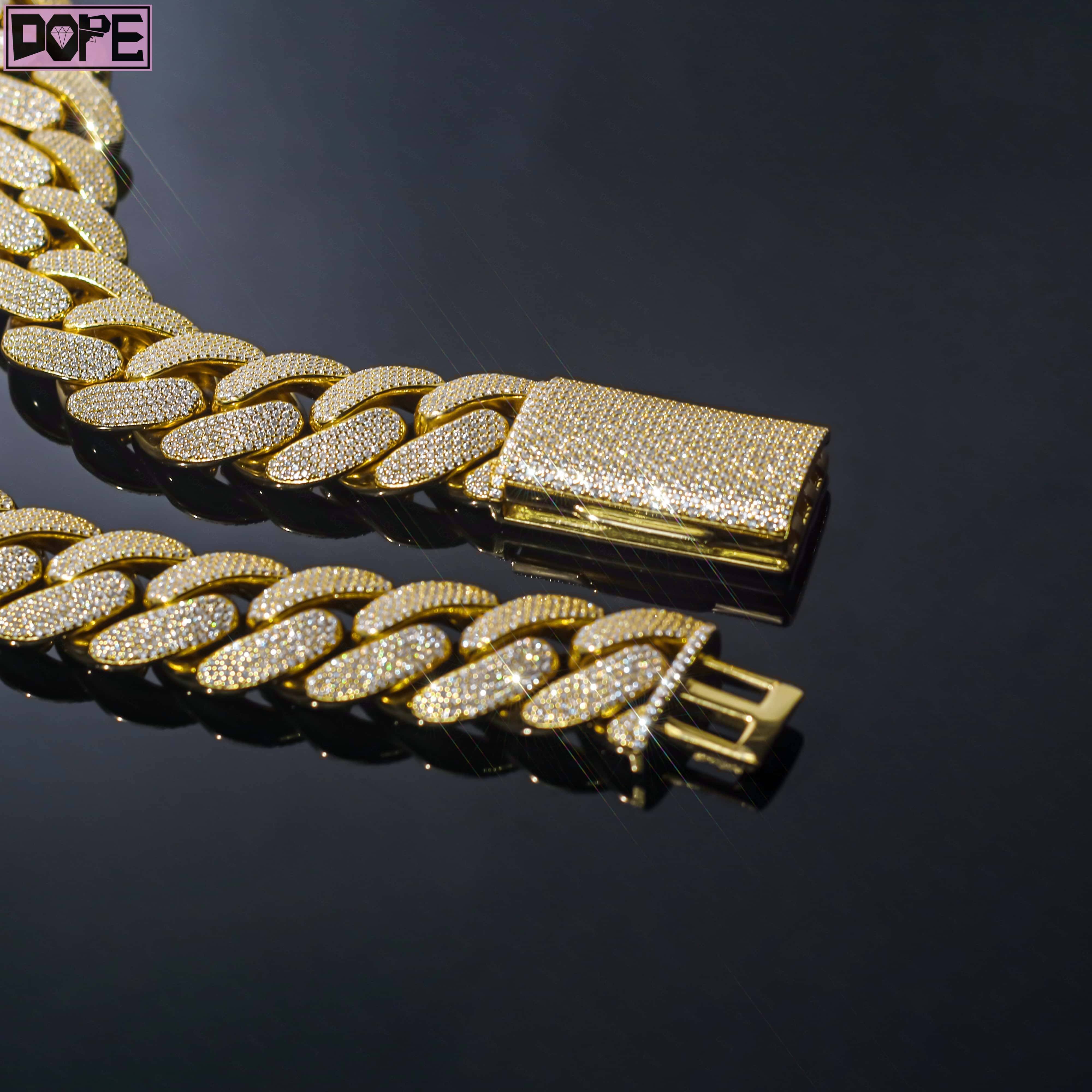 22mm Cuban Link Chain Curb Borderless 925 Silver 18k Gold Plated VVS Iced Out Miami Moissanite Cuban Chain