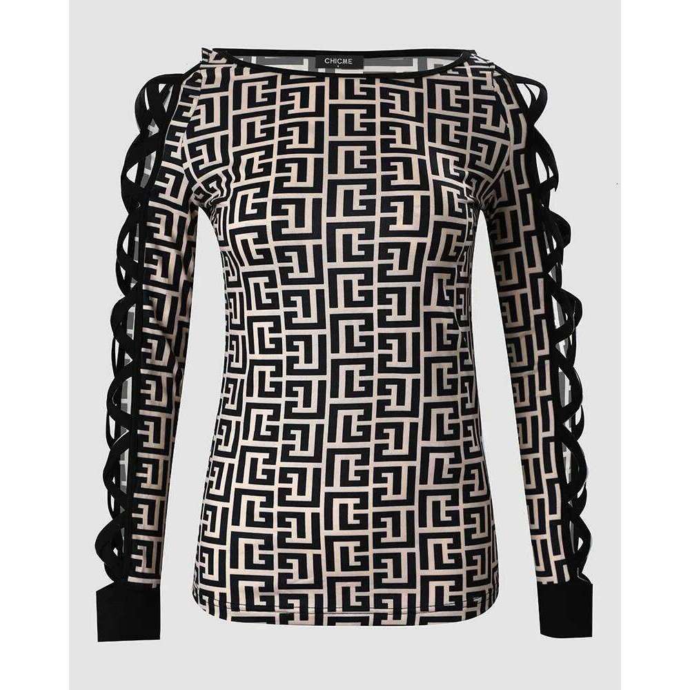 Designer Clothes Women Geometric Print Crisscross Cold Shoulder Fashion 2025 Hot Hit Y2k Casual All-Match Top Clothing Female Blusas