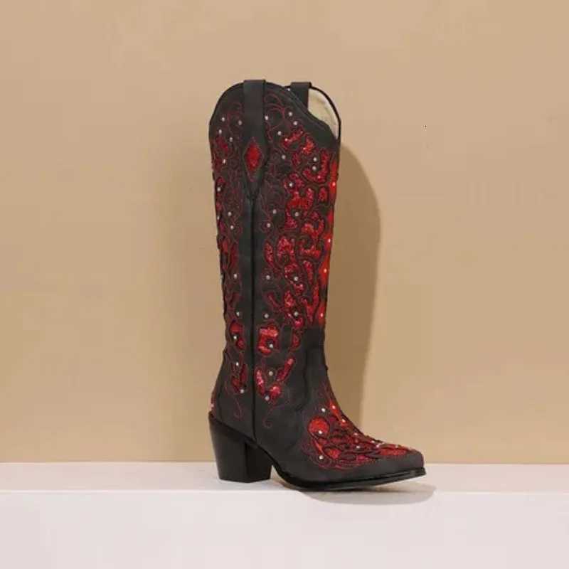 Bling Crystals Retro Western Cowboy Kneehigh Boots for Women 2025 Sewing Floral Cowgirl Shoes Boots W250919