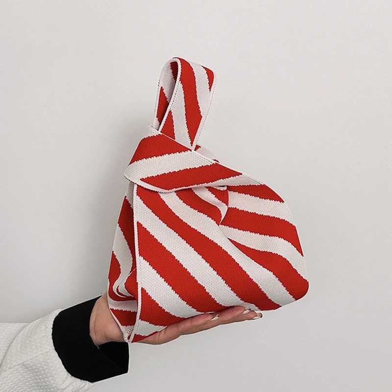 Handmade Knit Casual Color Wide Stripe Tote Shoulder Bag Mini Knot Wristbag Reusable Shopping Bag for Students And Women Z250915