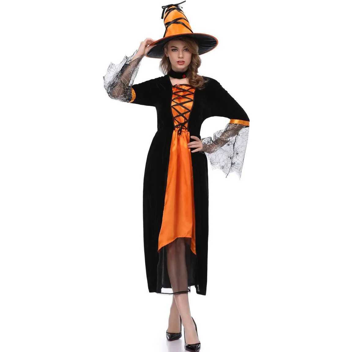 Orange Halloween Witch Costume Cosplay Cobweb Wizard Costume Demon Vampire Witch Dress L250918