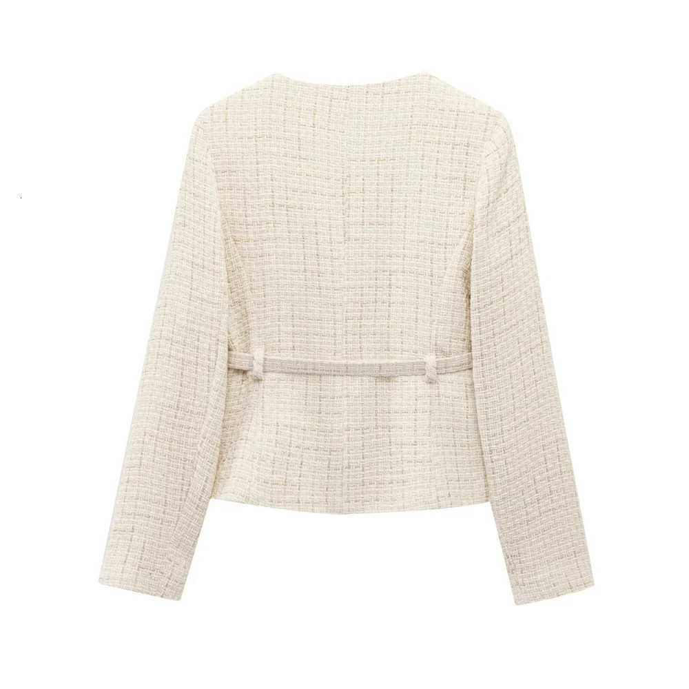 PBZA 2025 Women Beige Tweed Jacket with Gold Buttons and Belt Long Sleeves and Front Pockets for Sale on Z250918