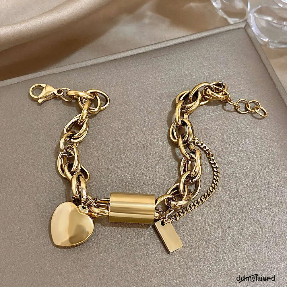 Punk Chunky Gold Color Thick Chain Stainless Steel Bracelets For Women Fashion Design Heart Love Pendant Wrist Jewelry Gift ddmyfriend
