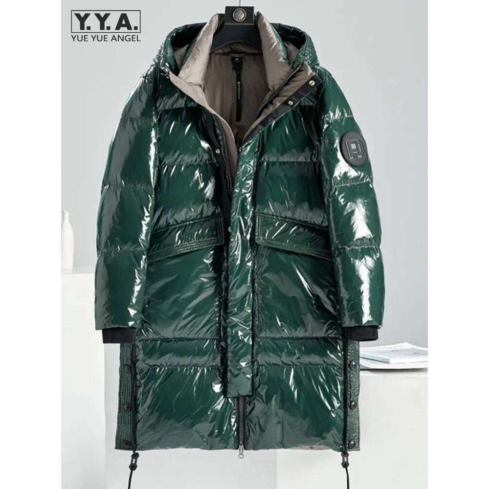 Winter Men Mid Long Fashion Patent Hoody Overcoat Casual Loose Fit Thick Warm Grey Duck Down Coat Windproof Jacket