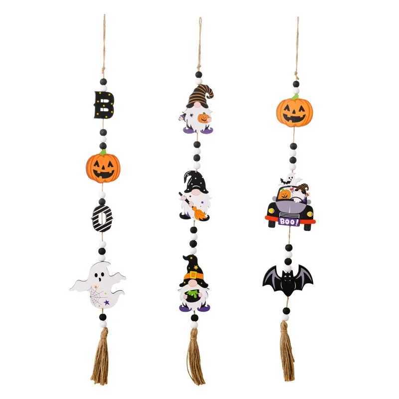 New Halloween Decoration Prop Wooden Beads Pendant Pumpkin Bat Ghost Hanging Ornaments for Wall Home Party Supplies C250919