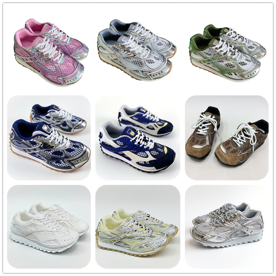 Men Women running shoes luxury sneakers Patent Leather Mesh classic traines Grey Green pink Silver Black White Godeln Blue