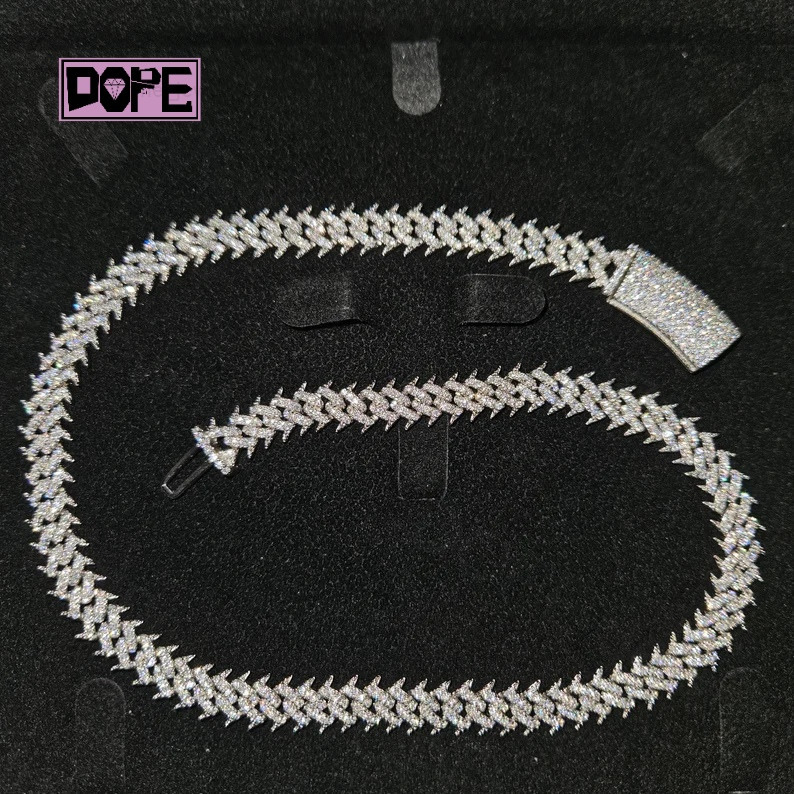 10MM Hiphop Iced Out Cuban Link Chain 925 Sterling Silver Plated Spiked VVS Moissanite Cuban Chain