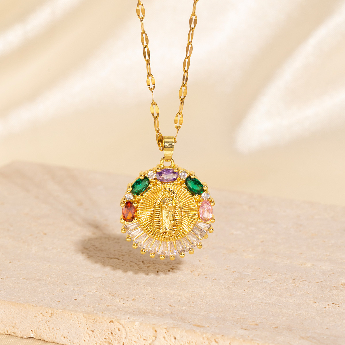 Gold - Toned Oval Religious Pendant Necklace With Colorful Gemstones And Filigree Detail Delicate Daily & Sophisticated Jewelry Gift For Her Premium A