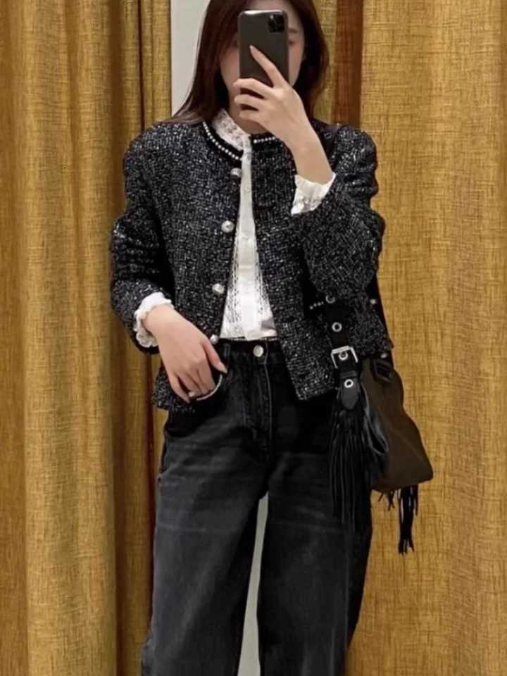 Pearls Decoration Women Tweed Short Coat ONeck Single Breasted Elegant Female Autumn Winter Outerwear Top Z250918