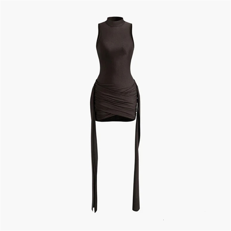 Fashion Solid Turtleneck Sleeveless Sexy Y2K Mini Dress for Women Sexy Slim Irregular Ruched Tank Femme Elegant Club Party Dress 250919