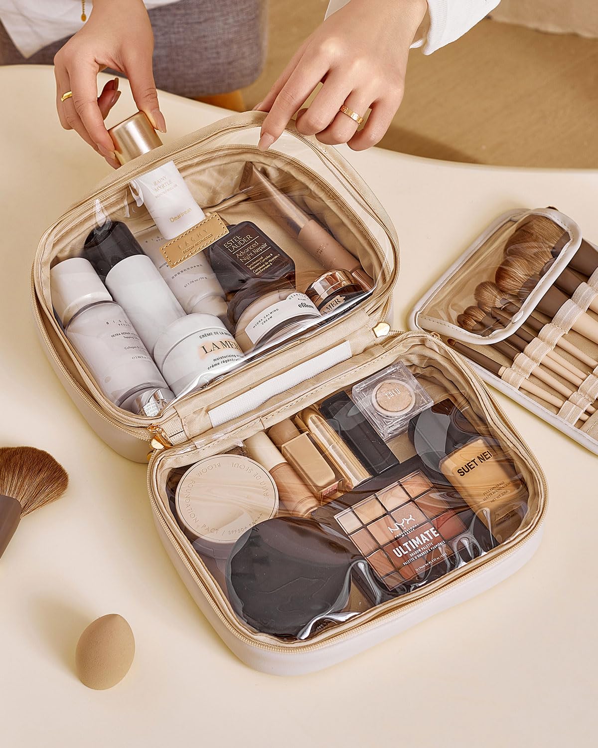 Portable Travel Cosmetic Bag Large Capacity Women's Makeup Bag Waterproof Portable Storage Pouch Flat-Laying Toiletry Bag Printed Design Cosmetic