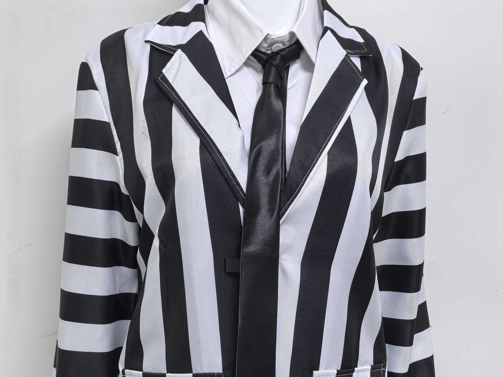 Mens Adult Halloween Costume Black and White Striped Suit Shirt and Tie Scary Costumes Spooky Beetla Halloween Cosplay Outfits L250918