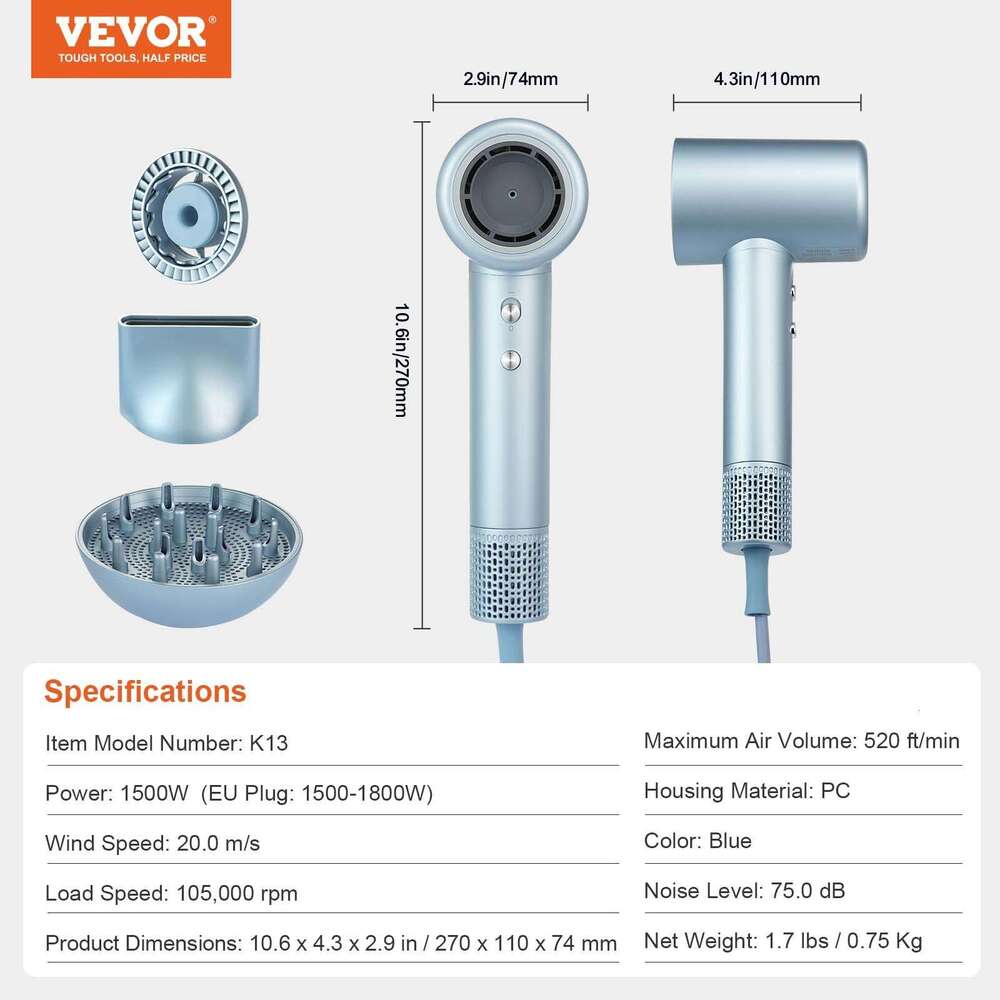 VEVOR High-Speed Dryer 105,000RPM Brushless Motor, 200 Million Negative Ions Hair Blow Dryer, 4 Temps 3 Speeds, LCD Display Thermo-Control Hairdryer w