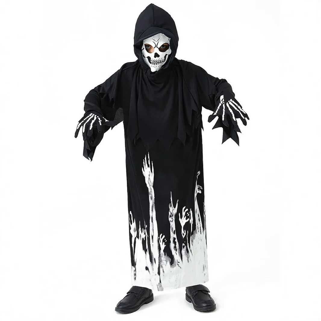 Halloween Grim Reaper Cosplay Costume Bodysuit Kids Ghost Demon Skeleton Spooky GlowInTheDark Hooded Jumpsuit Mask Gloves Set L250918