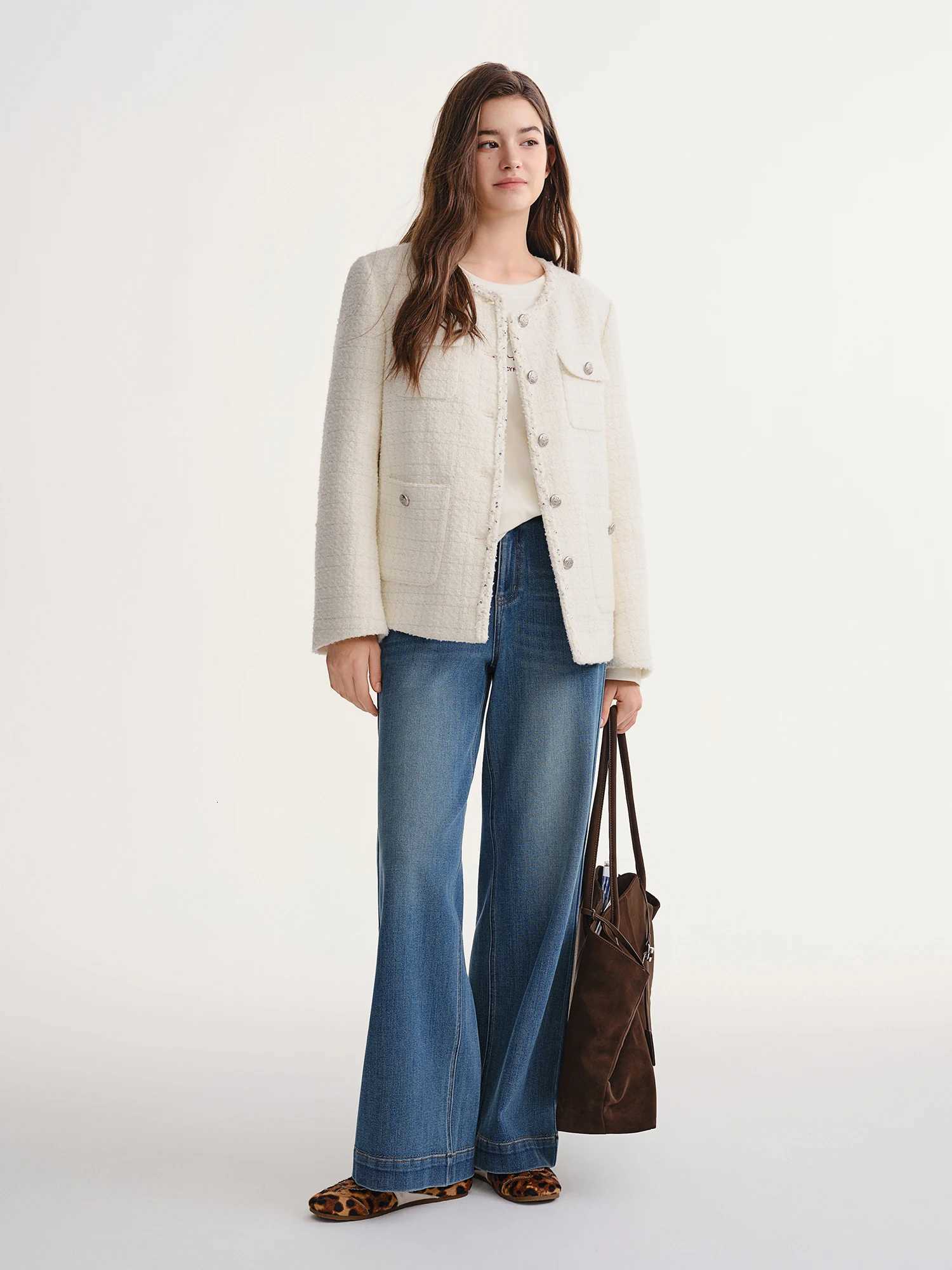 DUSHU Autumn Winter 2025 Womens Embellished Tweed Jacket Heavy Craft Lace Trim Braided Detail Casual Elegance Outerwear Z250918