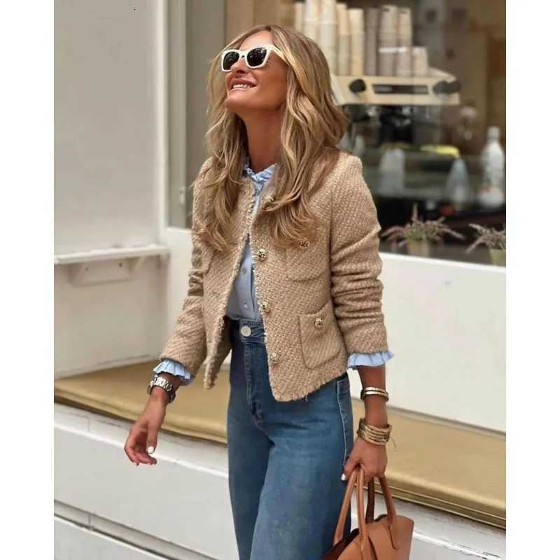 Womens Classic Tweed Jacket Coat Long Sleeve Front Button Outerwear Autumn Winter Tailored Chic Blazer Z250918