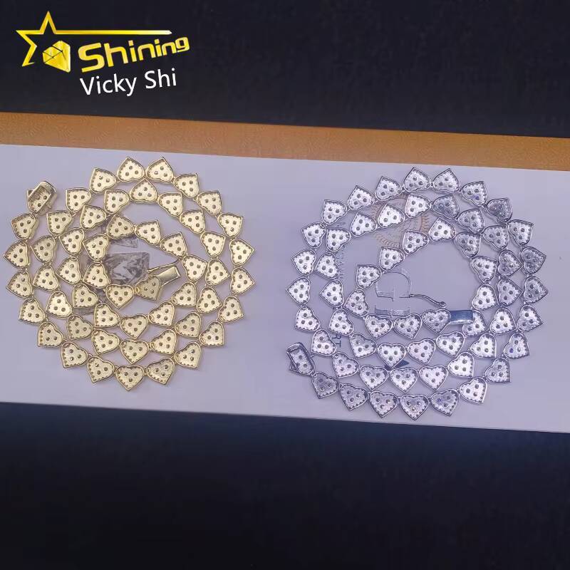 Hot Sale Heart Shape Iced Out Hip Hop Necklace 925 Solid Silver Gold Plated Vvs Moissanite Cuban Link Chain Necklace