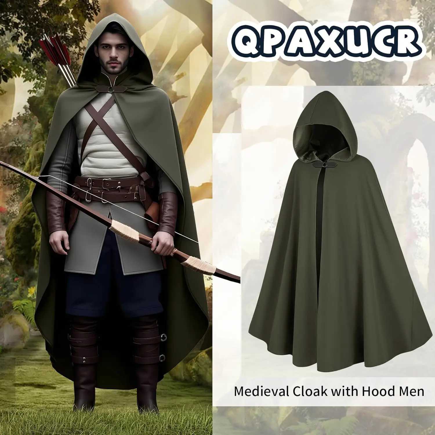 Cloak with Hood MenMedieval Costume Men Round Metal Buckle Cloak with Green Leaf Brooch Necklace for Halloween L250918