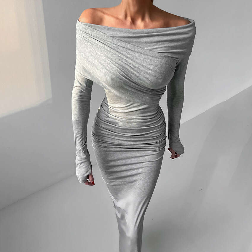 Modal Gray Bodycon Long Elegant Warm Tight Off-Shoulder Base Dress Women 2025 Autumn Winter Women's Fashion