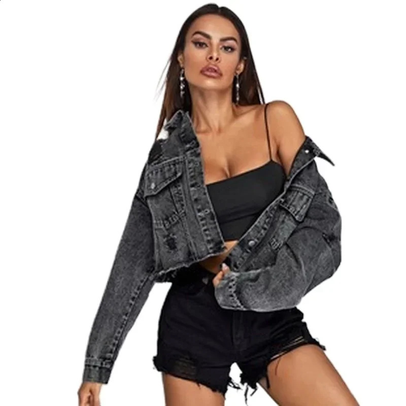 Donsignet Womens Jeans Jacket Spring Autumn Fashion Burr Hole Denim Coats Button Pockets Long Sleeve Black Casual Tops 250906