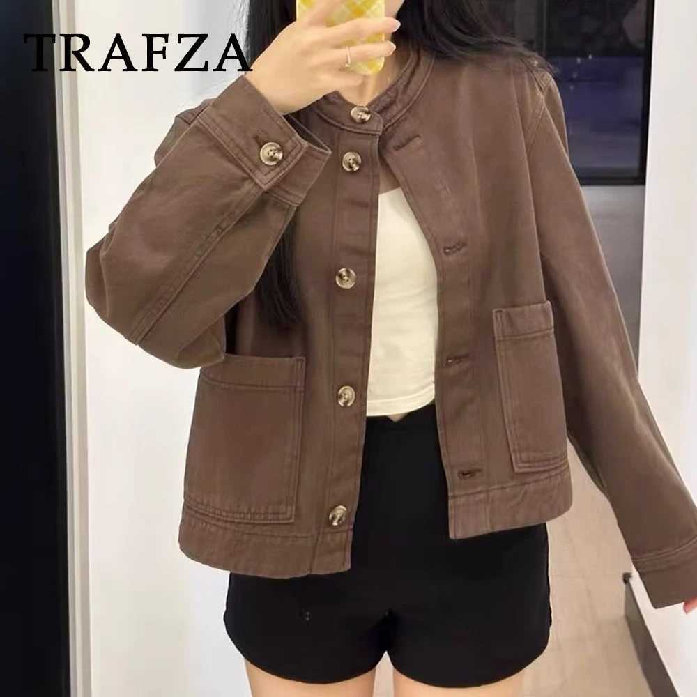 TRAFZA Chic Twill Weave Casual Club Women Outwears Single Breasted Fashion 2025 Autumn Streetwear Pockets Vintage Female Jackets Z250918