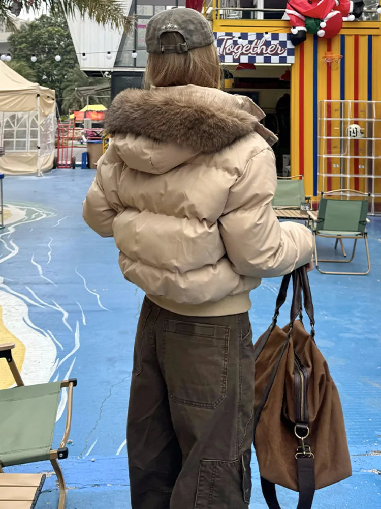 Autumn Winter Fur Hooded Jacket Women Outerwear Thick Dowon Cotton Padded Slim Short Parkas Female Cropped Puffer Bubble Coat 250919