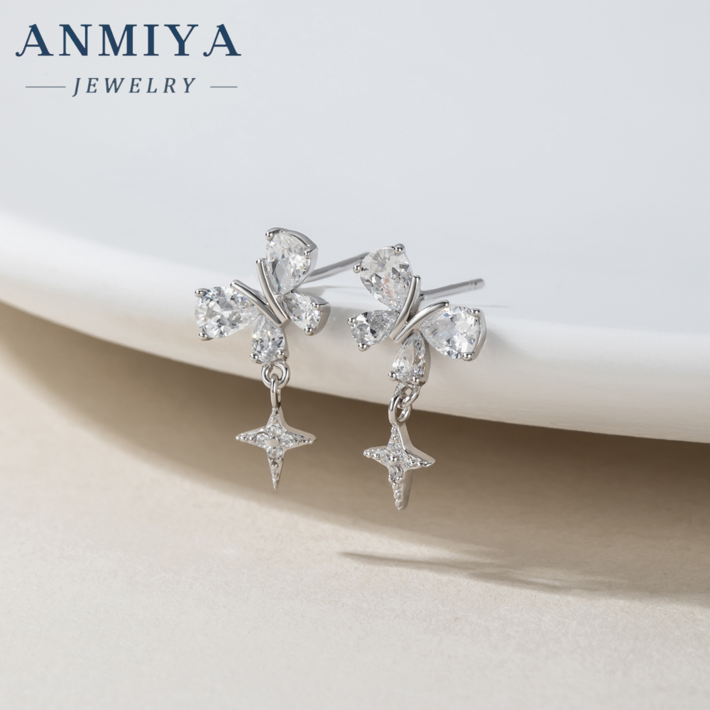 Super Shining Full Zircon Butterfly Stud Earrings for Sweet Girls 925 Silver Plated Rhinestone Women Dangling Star Stud Earrings
