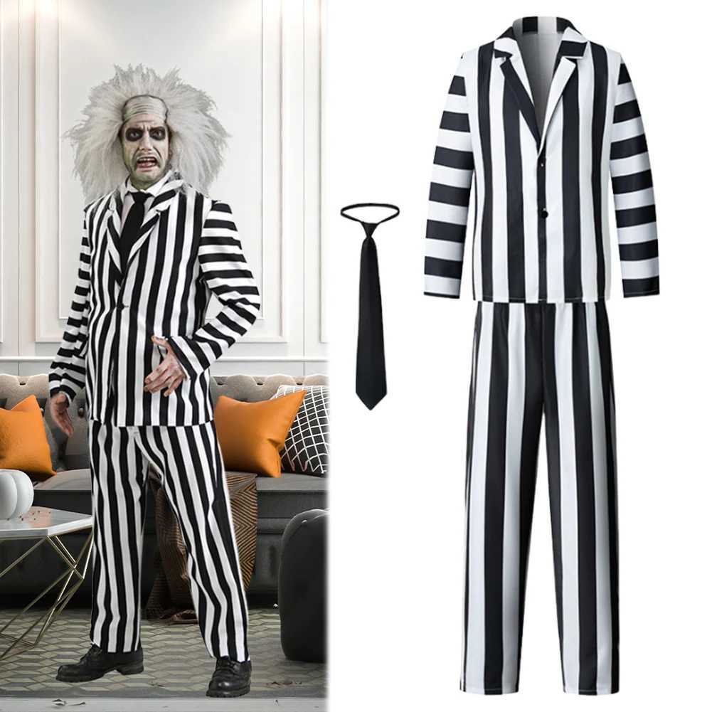 Beetle Juicee Men Black and White Striped Suit 2024 Scary Halloween Cosplay Costumes Wig Tie Shirt Classic Striped Two Piece Set L250918