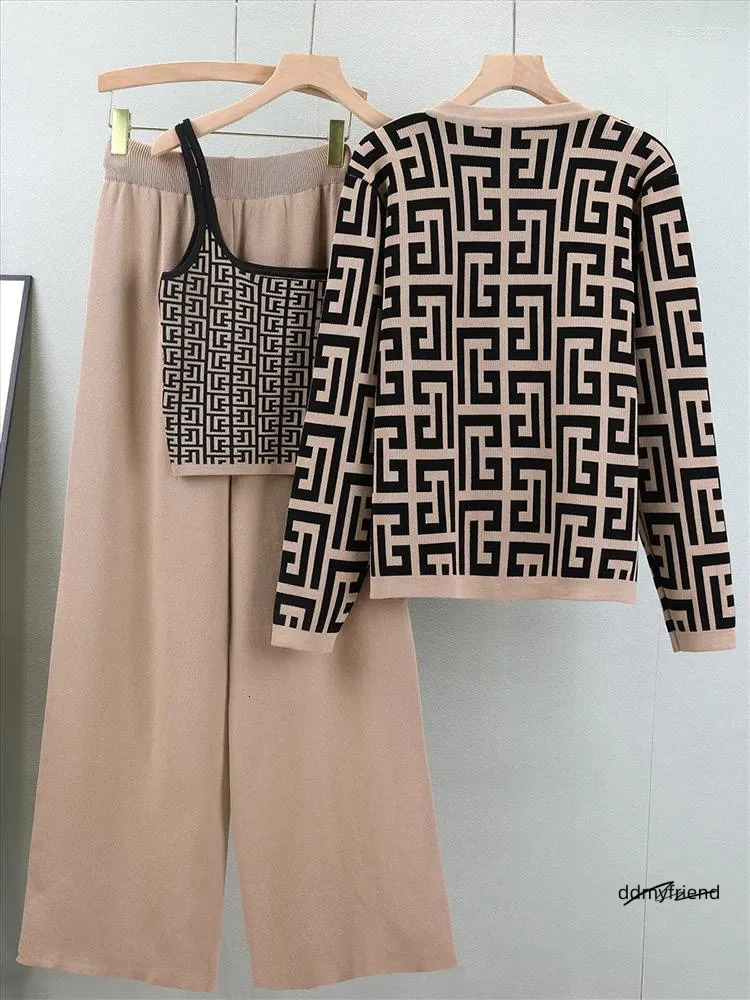 Women's Tracksuits Spring Knitted Three Pieces Sets 2025 Slim Short Tank Top Long Sleeves Cardigan Elastic Wide Leg Pants Fashion Sweater ddmyfri