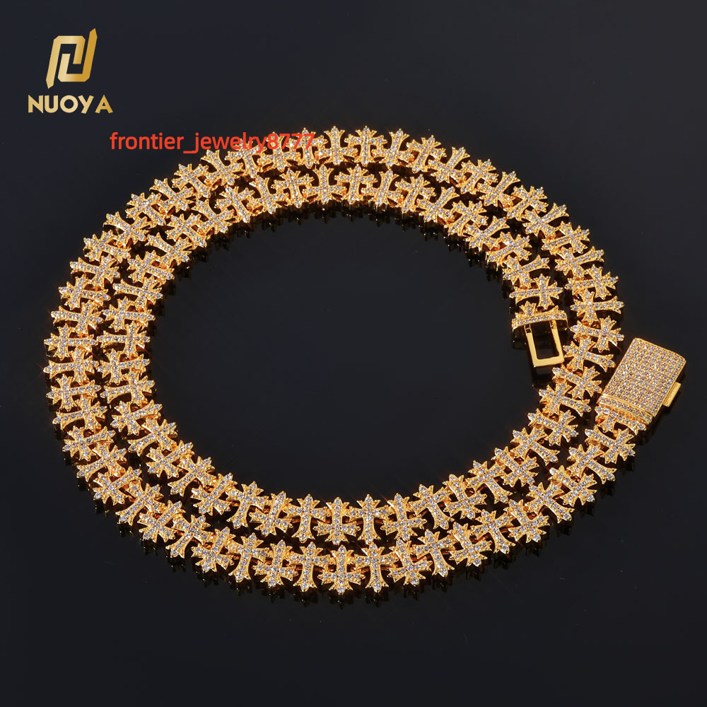 NUOYA Luxury 11MM Iced Out Diamond Link Chain Gold Plated Cross Bling Moissanite Necklace Hip Hop Fine Jewelry