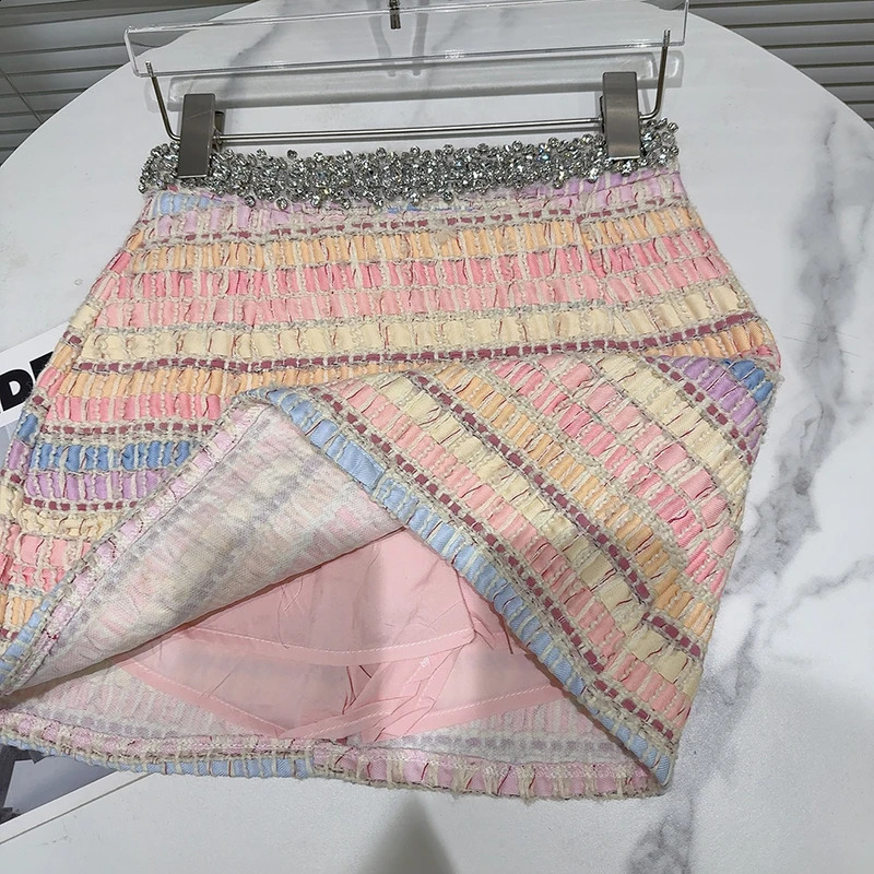 DEAT Fashion Twopiece Set Rhinestone Edge Halter Vests Female Stripe Contrast Color Short Skirts For Women Spring 11A03619 250818