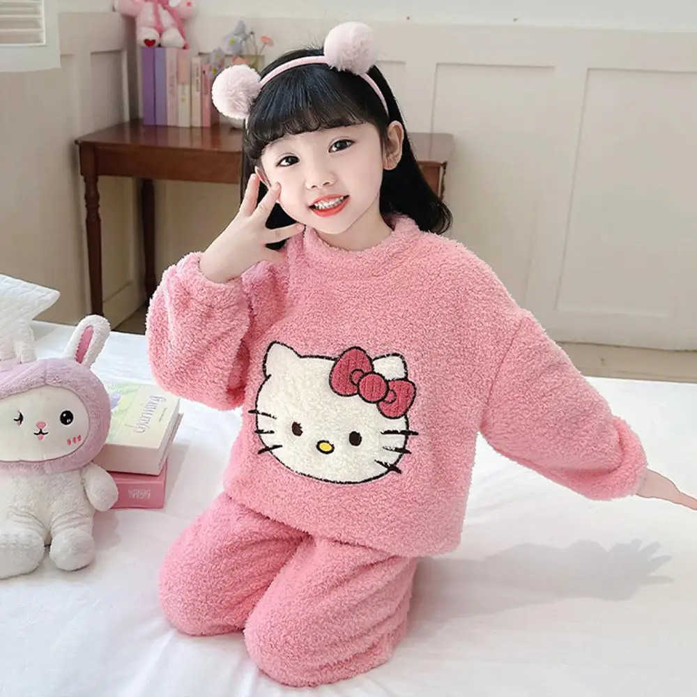 Sanrio 2Pcs Kawaii Kuromi Pajamas Kids Hello Kittys Plush Pajamas Anime Autumn Cartoon Girls Cute Flannel Top Pants Warm Home Wear Gift L250919