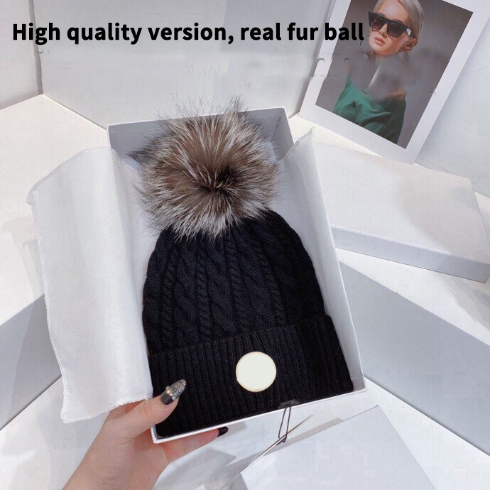 Monclor Pom knitted hat high quality Real fur ball embroidered logo Wool Beanie Hats desinger hat black/pink/white winter Skull Caps