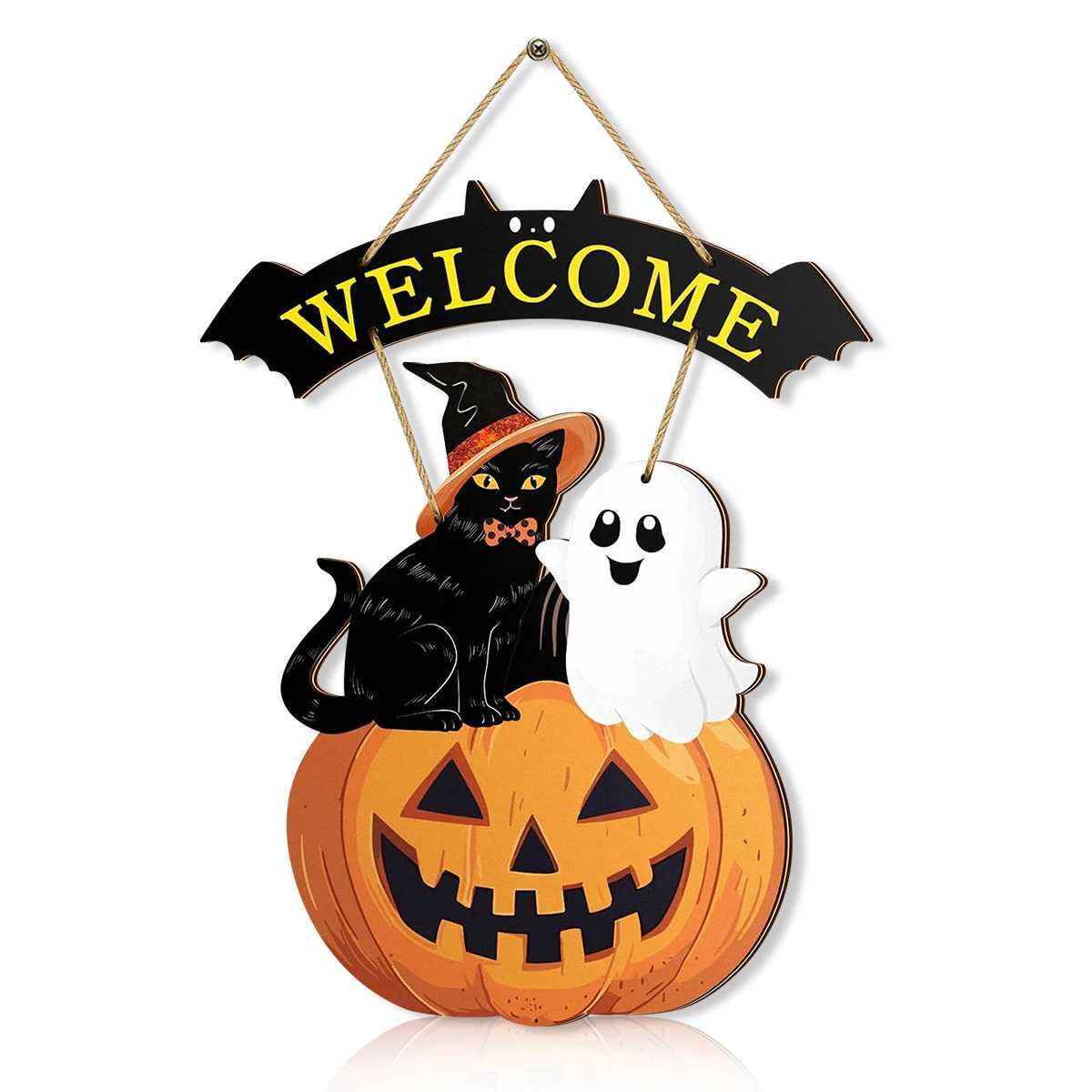Halloween Welcome Sign with Cat Ghost and Pumpkin Festive Door Decor C250919