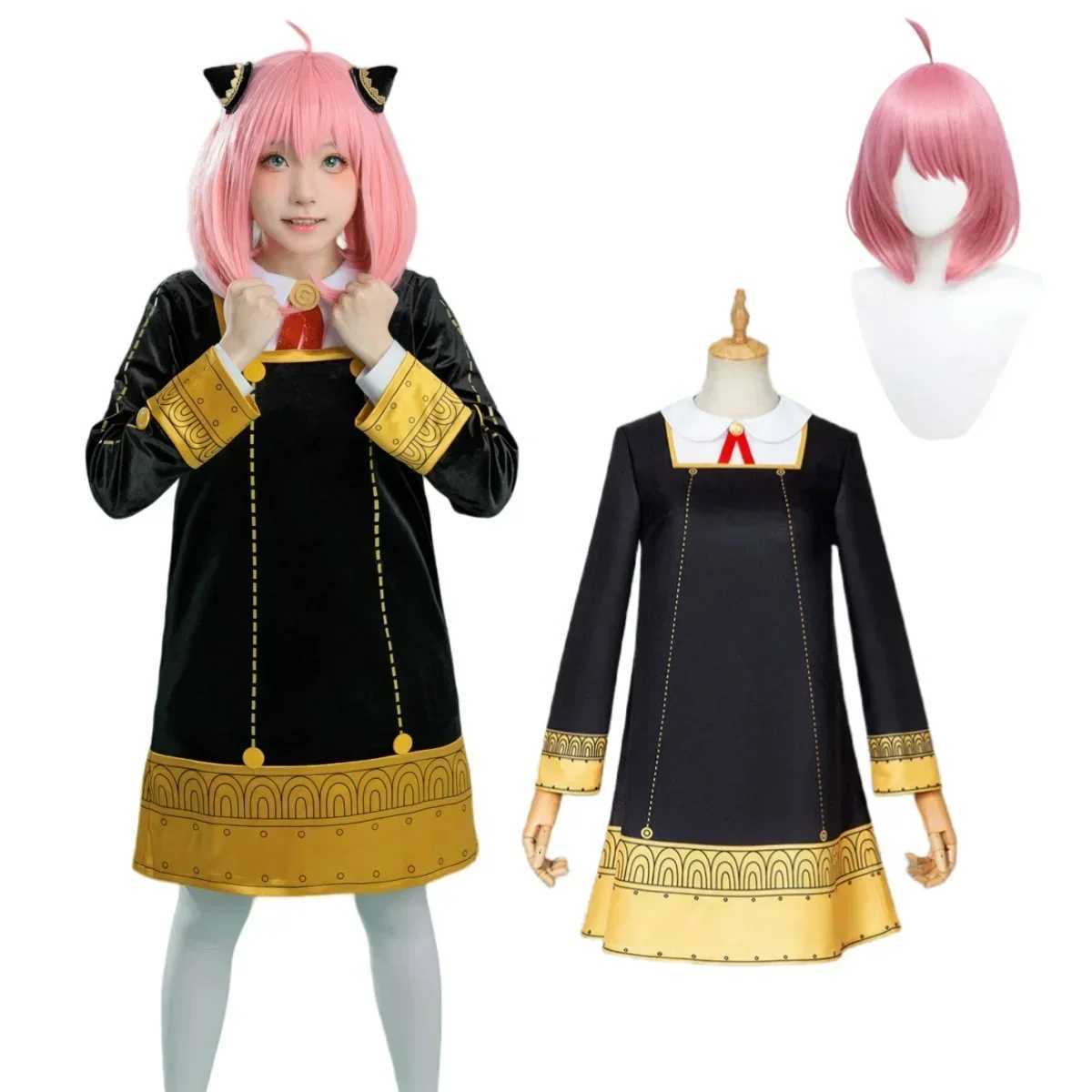 Anya Forger Cosplay Costume Anime Spy Family Toddler Childrens Clothing Anya Cospla Kawaii Black Dress Party Wig Halloween Women L250918