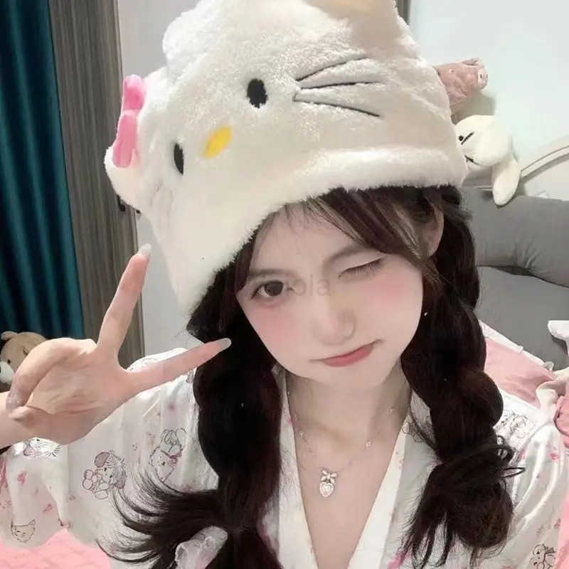 Sanrio Hello Kitty Bucket Hat Winter Lady Plush Thickened Warm Fisherman Hat Cartoon Outdoor Windproof Ear Protection Panama Cap L250919