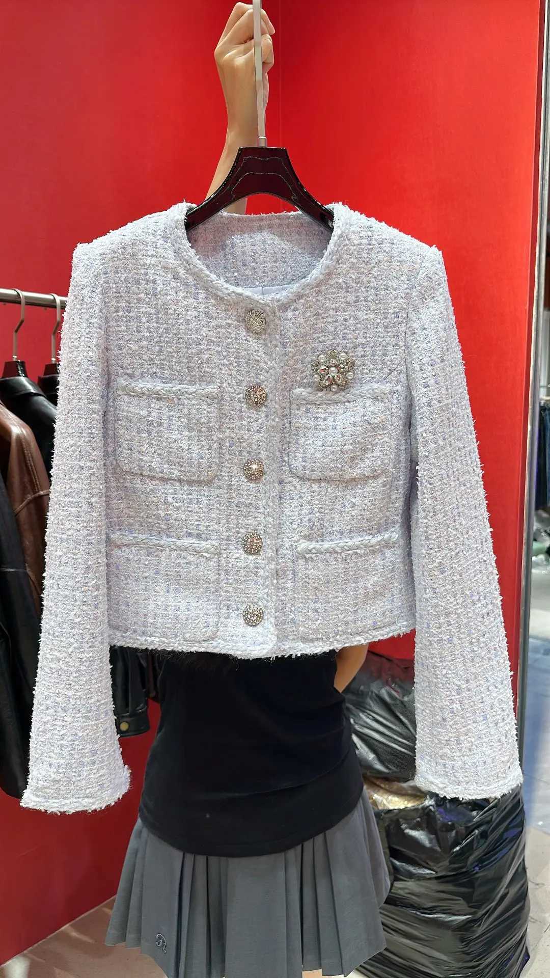 Jackets Women Spring Autumn Tweed Oneck Single Breasted Pearls Brooch Knitted Coat Vintage Elegant Sweet Slim Female Clothes Z250918