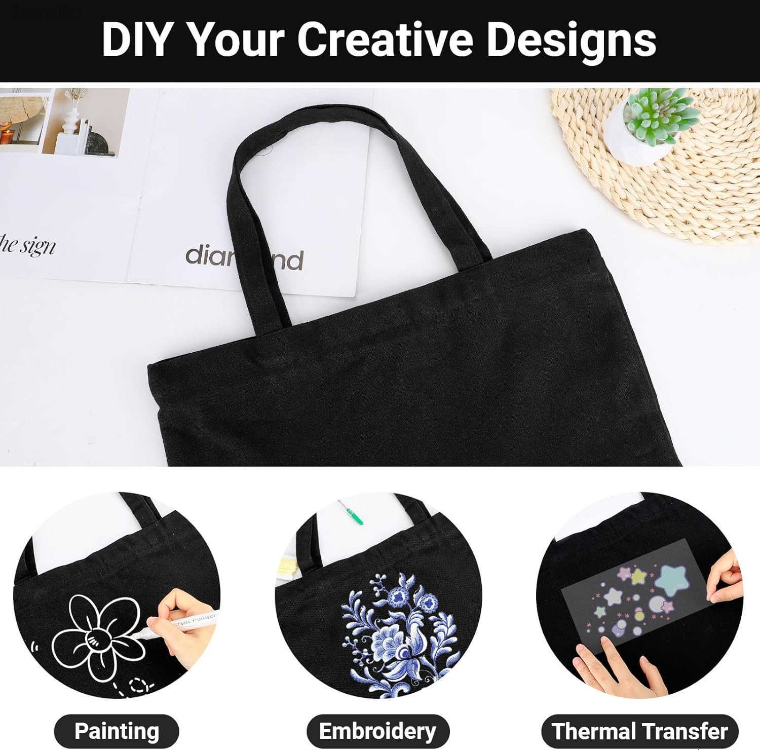 Segarty Blank Canvas Tote Bags 3 Pack 165 x 134 Inches 12Oz Natural Reusable Grocery Shopping Bags Bulk Plain Bag to Decorate Crafts DIY Large Black C