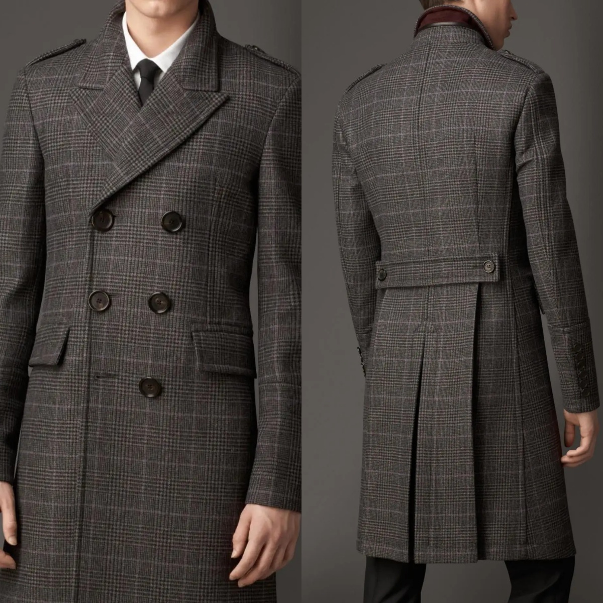 Double Breasted Mens Woolen Overcoats Long Jacket Check Plaid Groom Party Prom Tuxedos Coat Business Wear Outfit One Piece