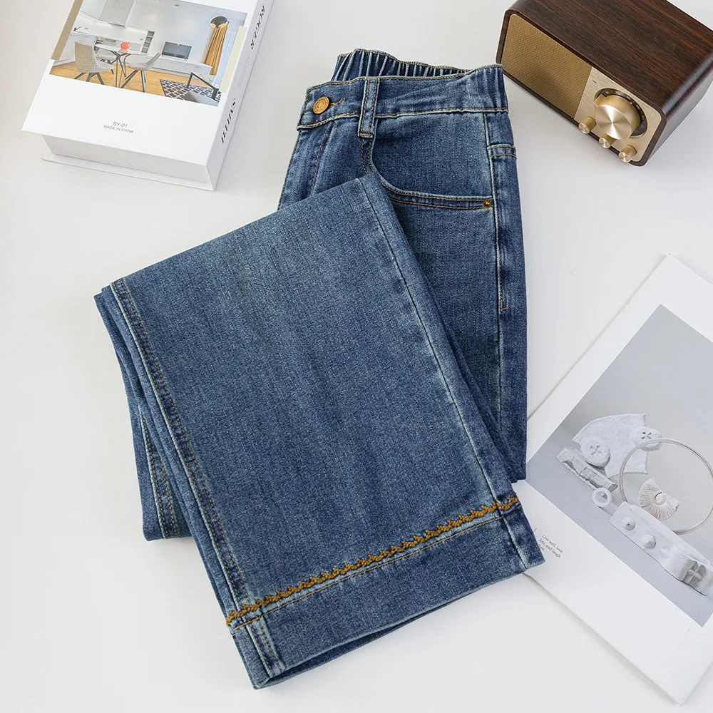 Fashion Plus Size Women's Jeans Autumn Of 2025 Slim Stretch Embroidery Hem Denim Straight Leg Ankle Length Pants