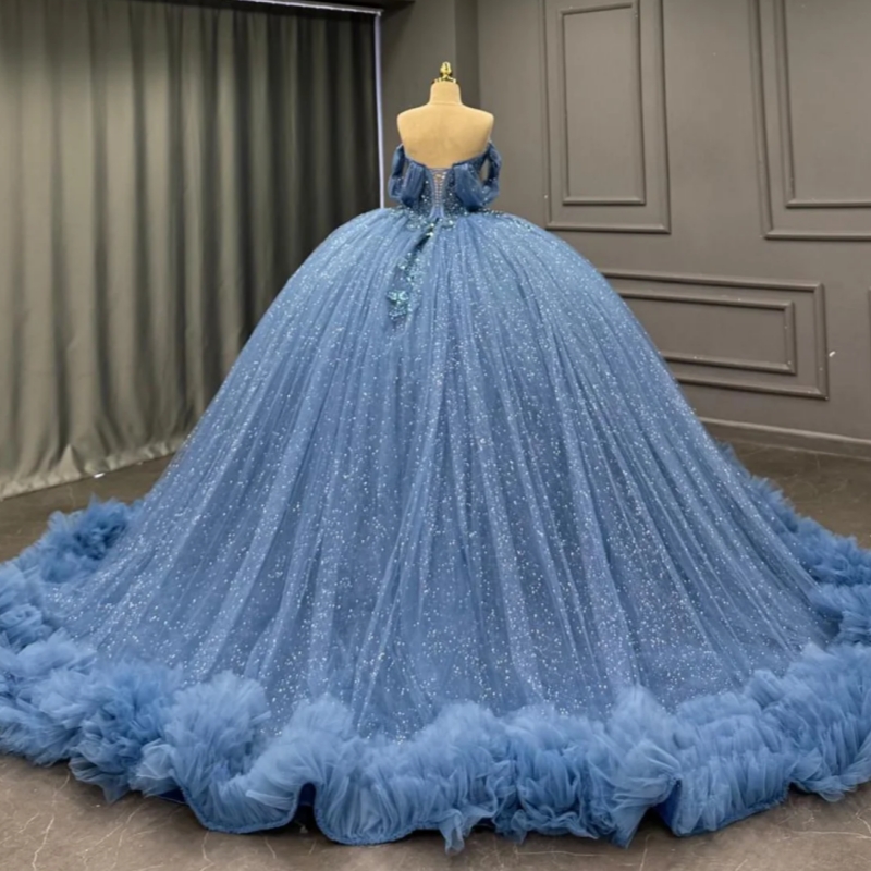 Navy Blue Shiny Quinceanera Dresses Off The Shoulder Applique Lace Beading Crystal Tiered Tull Party Birthday Sweet 16 Dress Vestidos De 15 Anos