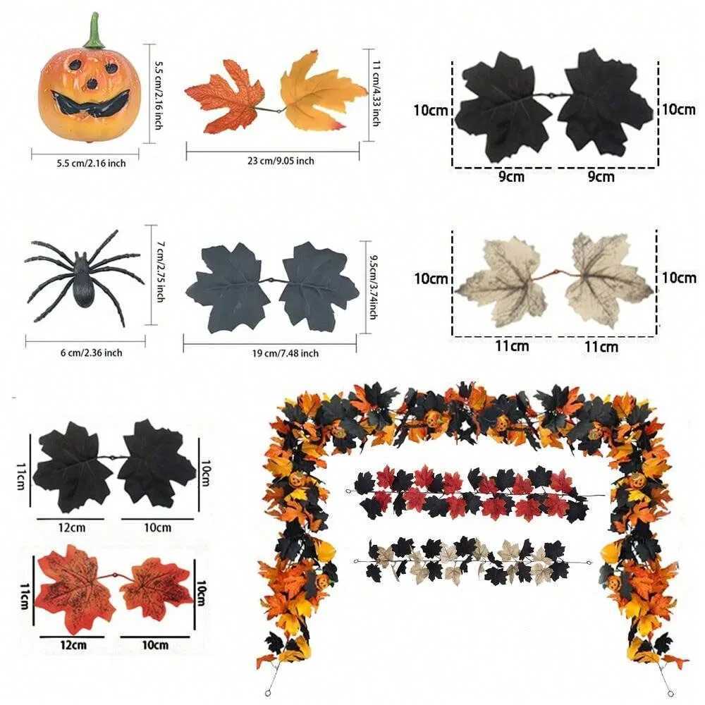 3PCS Halloween Pumpkin Vines Maple Leaf with Spider Decorations Gothic Wreath Create Spooky Holiday Atmosphere Halloween Party C250919