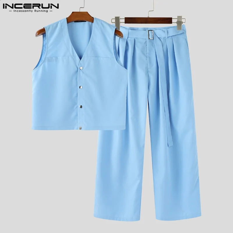 Men Sets Solid Color V Neck Sleeveless Vests Pleated Pants Two Pieces Sets Streetwear Loose 2025 Mens Casual Suits INCERUN 250916