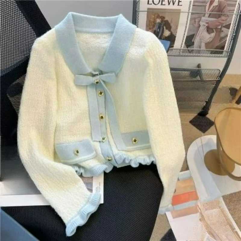 Xiaoxiangfeng Color Lapel Knitted Jacket Womens Design Sense Bow Tie New Shirt Spring Gentle Wear Comfortable Temperament Niche Z250918