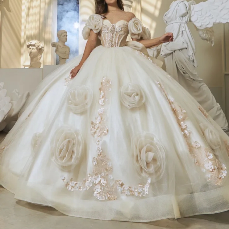 Ivory Shiny Quinceanera Dresses Off The Shoulder Applique Flower Beads Tull Party Birthday Sweet 16 Dress Vestidos De 15 Anos