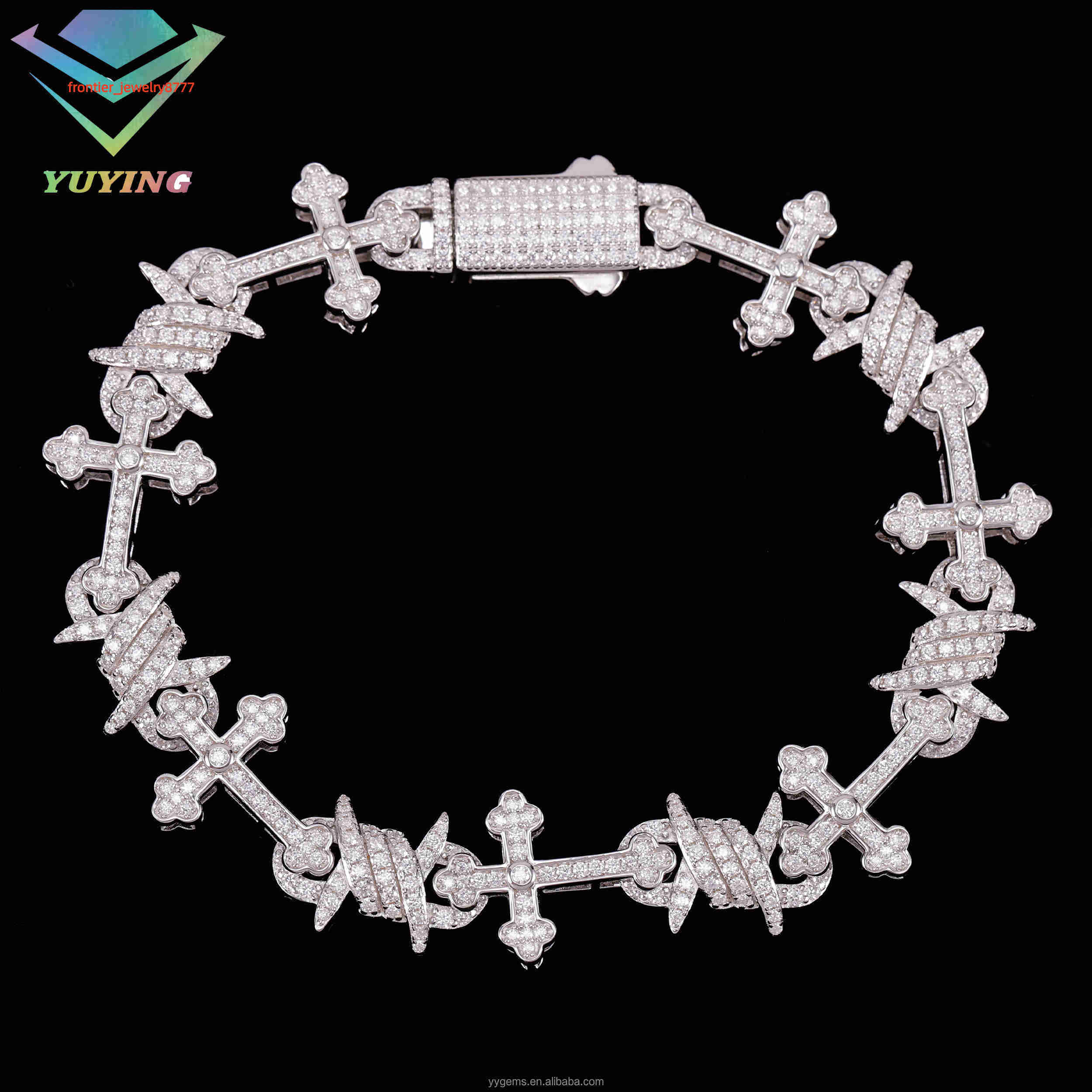 Hip Hop Luxury Gift Men 14mm 925 Sterling Silver VVS Moissanite Diamond 925 SIlver Iced Out Cross Link Chain Bracelet
