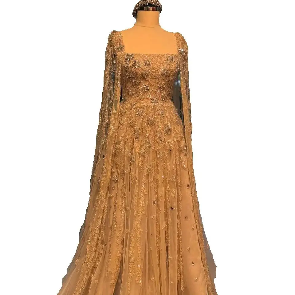 New Evening Dress Long Sleeve A-line Prom Gowns Shine Beads Satin Square Neck Prom Dress Crystals Robes De Mariee Customized vestido de novia H25697